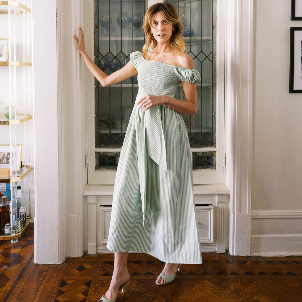 MASON'S DAUGHTER | Nora Dress, Green/Green Striped Poplin